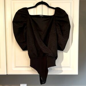 Express Black Puff Sleeve Textured Bodysuit, Size S